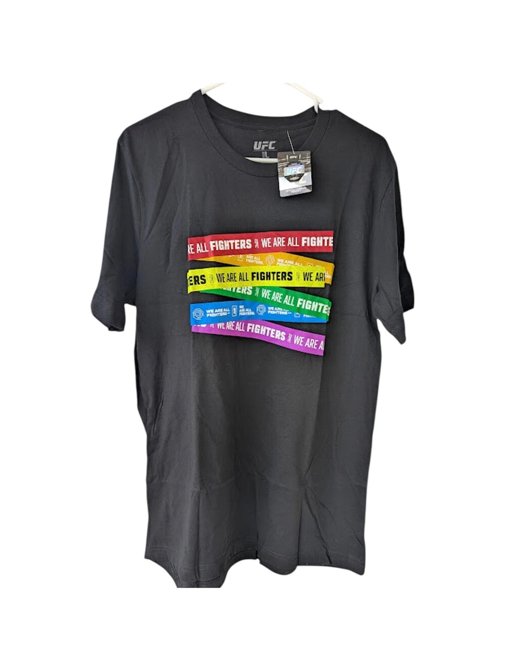 NWT UFC We Are All Fighters Pride T Shirt Men L Rainbow Colorful MMA Top 20.5x30